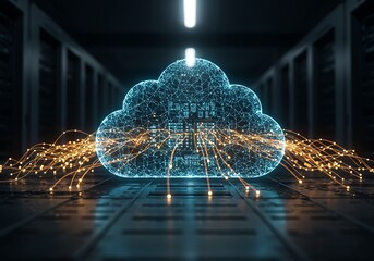 A glowing digital cloud with data streams emanating outwards, set within a futuristic server room with rows of illuminated racks.