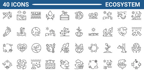 Set of 40 outline icons related to ecosystem. Linear icon collection. Editable stroke. Vector illustration.