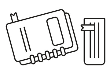 Vector illustration of books, notebooks, and journals with bookmarks in minimal outline style. Suitable for education, school, office, and stationery design.