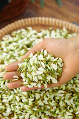 Fresh organic seeds in hand from wicker basket - healthy natural food ingredient