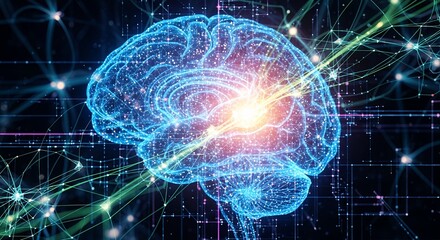 Digital brain representation with glowing connections and data streams on dark background, concept for artificial intelligence research, neurological studies and advanced computing technologies