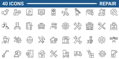 Repair line icon set. Includes Maintenance, wrench, fixing, service, tools, repairman, engineer, troubleshoot. Editable stroke. Vector illustration