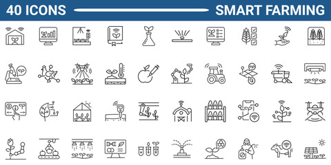 Set of 40 outline icons related to smart farming. Linear icon collection. Editable stroke. Vector illustration.