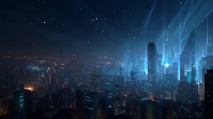Obraz premium Nocturnal Cityscape: Glimpse a sprawling metropolis, bathed in the ethereal glow of a starlit sky and futuristic light streaks.