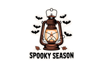 Spooky season flat cartoon sticker with glowing lantern and flying bats isolated on a transparent background