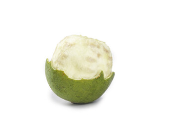 Fresh Luo Han Guo Monk Fruit Cut Open Showing White Flesh on White Background