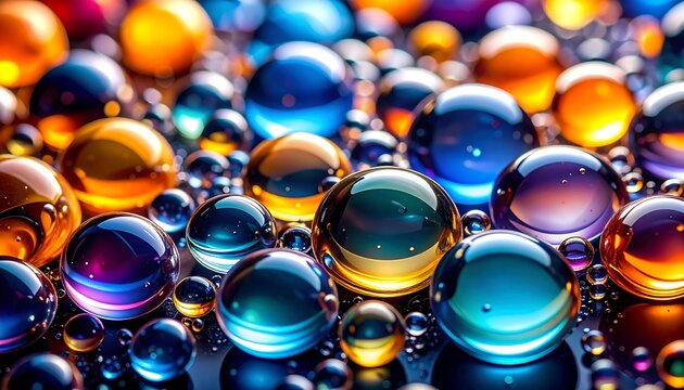 Colorful, glossy spheres, vibrant, reflecting light