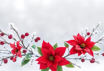 Delicate winter floral frame with frosted branches, berries, and poinsettias,  frost,  decoration