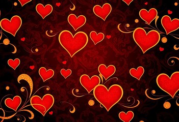 Elegant dark red and gold patterned background with hearts and swirls,  illustration,  celebration