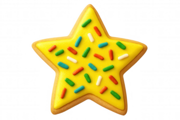 Star cookie with yellow icing and colorful sprinkles, delicious sweet snack or dessert on transparent background