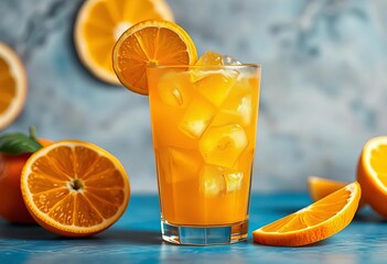 Glass of fresh orange juice with pulp, ice cubes, and orange slices,  background, orange juice