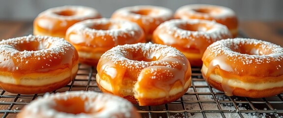 Golden-brown donuts, glazed, cooling rack, powdered sugar,  dessert,  warm