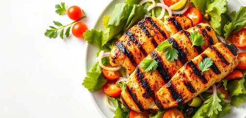 Grilled chicken salad on white background, fresh ingredients, healthy meal,  tasty,  wholesome