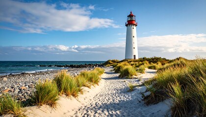 Lighthouse on a sandy beach under a partly cloudy sky