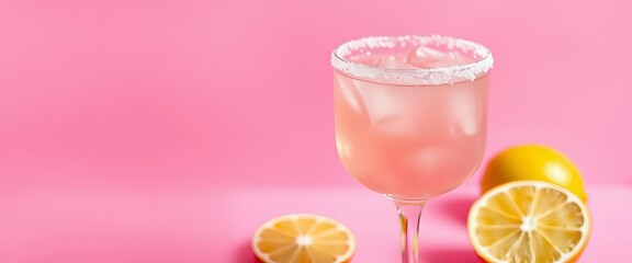 Pink salt rimmed margarita glass on pink background,   texture,  studio shot