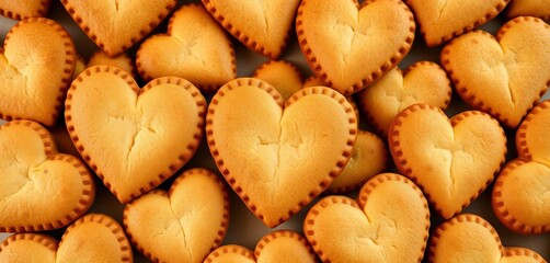 Perfectly baked heart-shaped cookies, golden brown and subtly textured, close-up, homemade
