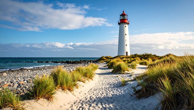 Lighthouse on a sandy beach under a partly cloudy sky - Powered by Adobe