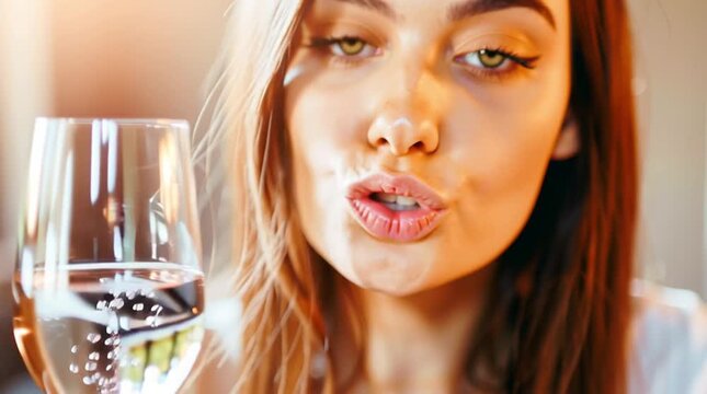 Young woman with playful kissy face holding sparkling drink. Close-up portrait.