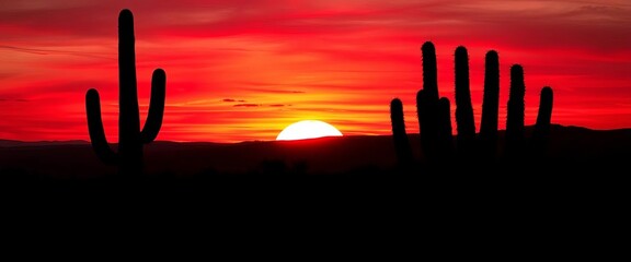 Silhouetted cacti against a blood-red sunset, desolate landscape, graphic, isolated