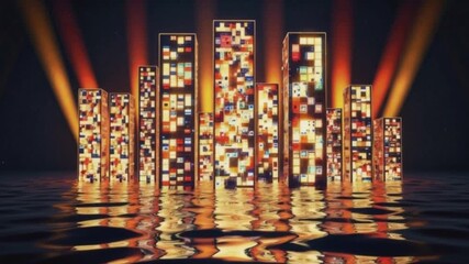 Abstract digital cityscape with illuminated pixelated buildings reflecting on water surface with warm light and dramatic shadows - Powered by Adobe