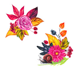 Autumn Watercolor Bouquet with Leaves Flowers. Perfect for DIY projects, cards, invitations, posters, scrapbooking, branding and packaging for both digital and print use. Autumn Clip Art