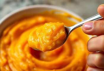 Tiny hands grasping spoon, pureed food near mouth, delicious, skin