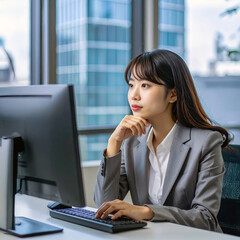 パソコンを見て考える若いビジネスウーマン