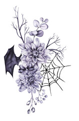 Halloween illustration featuring spiderweb with flowers and wings featuring spooky autumnal elements. Perfect for invitations, cards, posters, templates, packaging, and seasonal design projects.