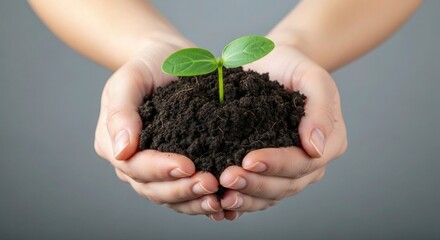 Nurturing future growth with tender care, a sprout held gently in hands symbolizes hope, new beginnings, and environmental consciousness for a greener tomorrow