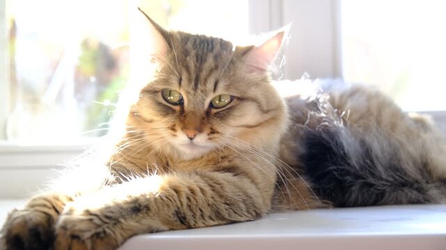 Close-up portrait of cute tabby cat, lounging. Soft morning light, easy fresh breeze, enjoying sun beam. Relaxing on the balcony floor and looking window. funny pets. Calmness, tranquil ambiance