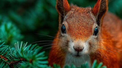 Close-up of a red squirrel looking at the camera with green foliage background.