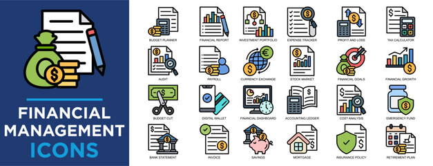 financial management, finance, management, business, investment, financial icon set. Outline icons collection. Simple vector illustration	