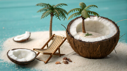 Tropical beach concept with coconut, palm trees, and a chair. Creative and minimalist summer idea. Coconut cocktail on the beach.