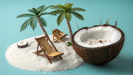 Tropical beach concept with coconut, palm trees, and a chair. Creative and minimalist summer idea. Coconut cocktail on the beach.