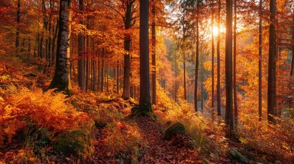 Majestic Autumn Forest Scene with Vibrant Orange and Red Leaves Bathed in Warm Golden Sunlight