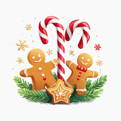 Christmas decoration with candy canes, gingerbread cookies, pine branches, and stars on white background