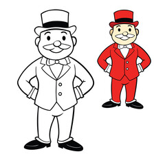 A fun Monopoly Guy coloring page featuring the classic character with his top hat, mustache, and suit, perfect for adding creativity and color to this iconic figure.

