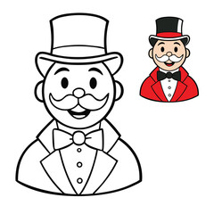 A fun Monopoly Guy coloring page featuring the classic character with his top hat, mustache, and suit, perfect for adding creativity and color to this iconic figure.
