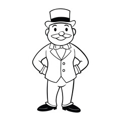 A fun Monopoly Guy coloring page featuring the classic character with his top hat, mustache, and suit, perfect for adding creativity and color to this iconic figure.

