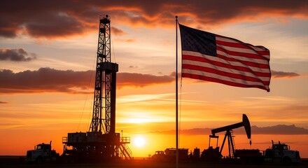 American Flag and Oil Drilling Rig Silhouetted at Sunset, Symbolizing Energy Production, Petroleum Industry, Economic Growth, and National Power in the United States