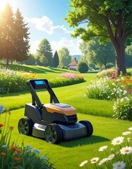 Modern electric lawnmower on a lush green lawn, idyllic landscape in background