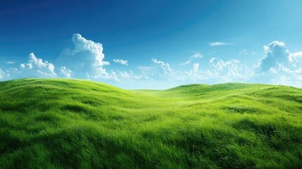 Fototapeta premium Lush Green Hills Under a Vast Blue Sky with Fluffy Clouds on a Bright Sunny Day