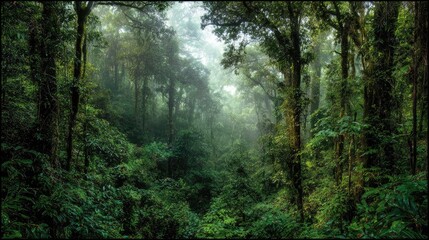 Fototapeta premium Lush and Serene Rainforest Scene with Thick Foliage and Misty Atmosphere in a Tropical Setting