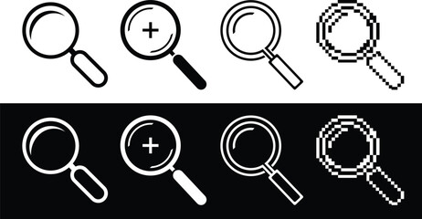 Magnifying Glass Icon Set – Search, Zoom In, Pixel, Outline, Line, and Flat Style Icons for Web, Mobile App, UI, UX, and Graphic Design Projects