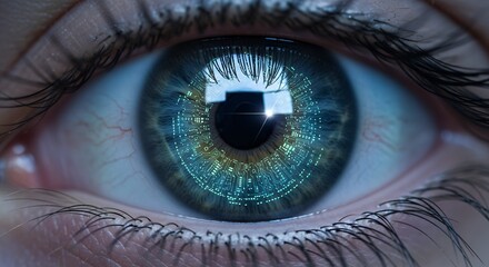 Macro shot of a human eye with circuit pattern overlay, light reflecting in the pupil. Concept for artificial intelligence, bionic vision, and future technology