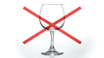 Empty wine glass with red cross symbol representing prohibition of alcohol and healthy lifestyle concept