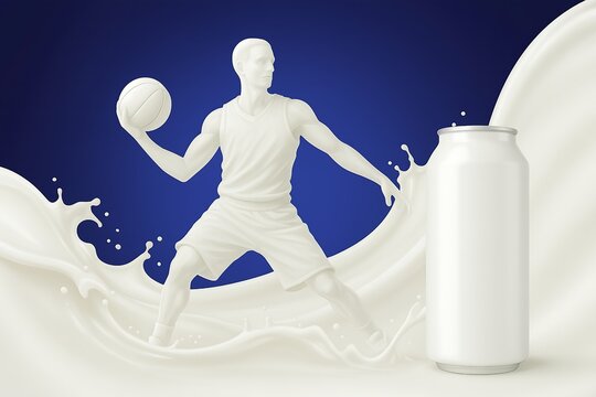 Powerful athletic energy concept featuring a basketball player figure sculpted from a dynamic white milk splash next to a blank beverage can