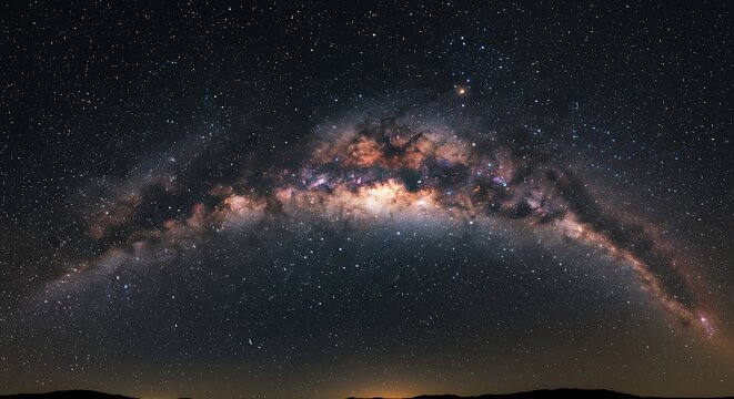 Night sky panorama milky way galaxys bright arch over a dark horizon