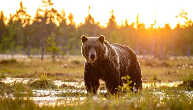Grizzly bear in swampy forest at sunset