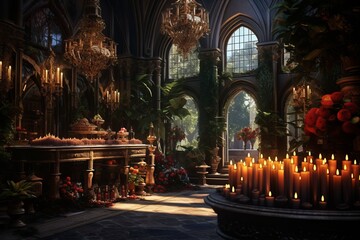 Dark gothic decor, vases, chandeliers, textured fabrics against the wall, a wooden table in a luxurious royal Victorian style, burning candles in old lanterns